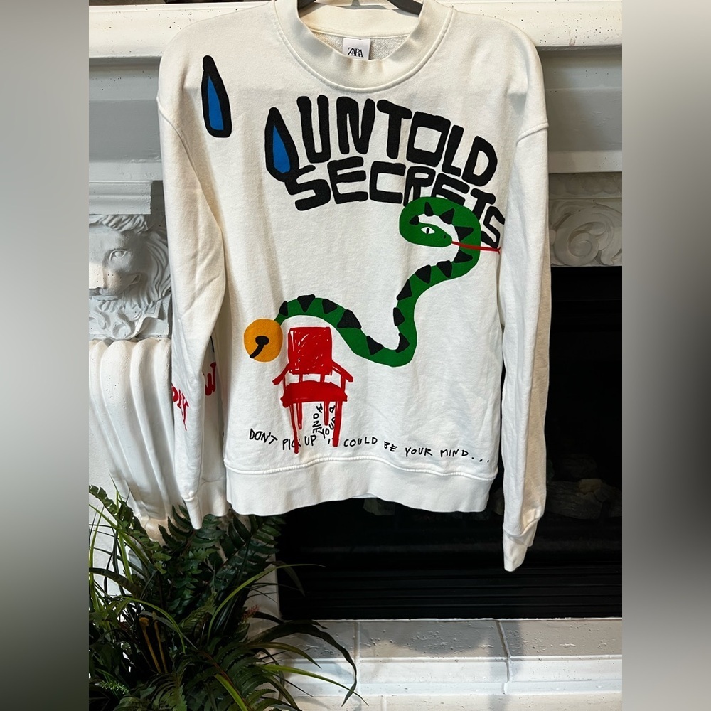 Zara Graphic Crewneck Sweater - White with Multicolor Design